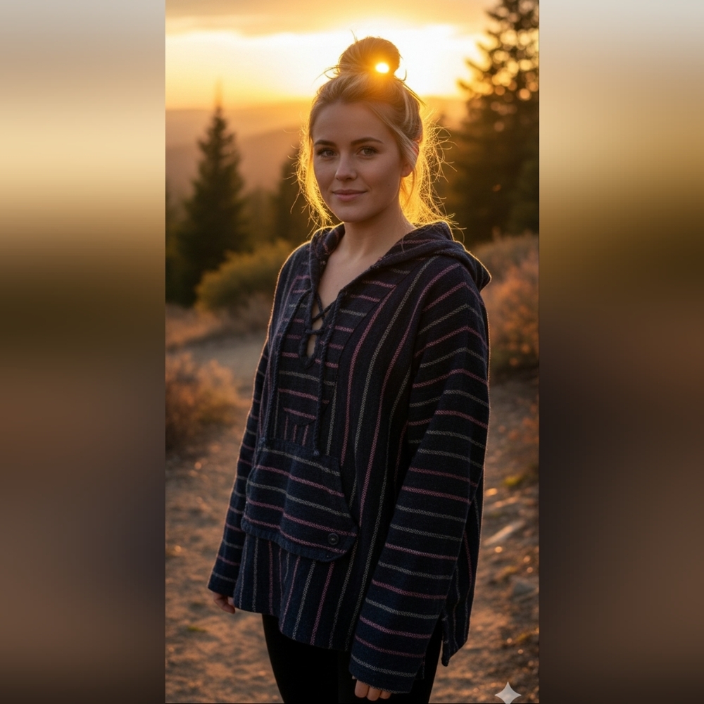 American Eagle Beach Pink Stripe Navy Lace Up Front Kangaroo Pocket Hoodie